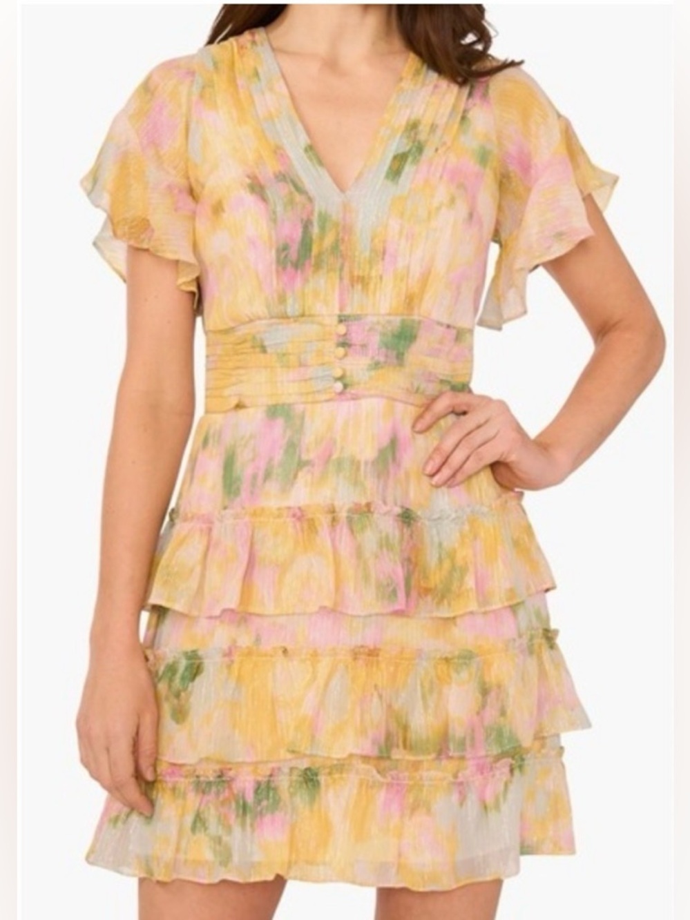 Parker Akira floral mini dress w/ tiered skirt, fluttery sleeves